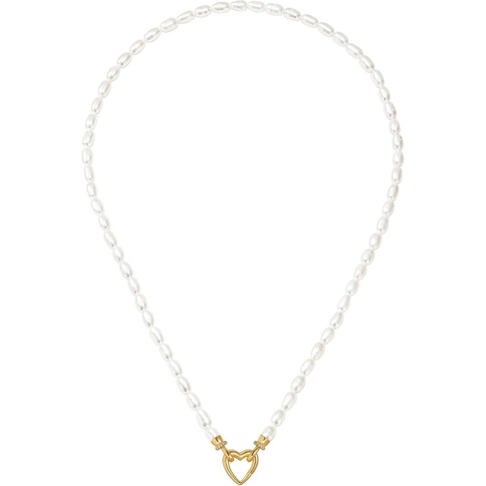 Freshwater Pearl Beaded Necklace 14K Gold Plated Heart Clasp 16.5 Inch Women
